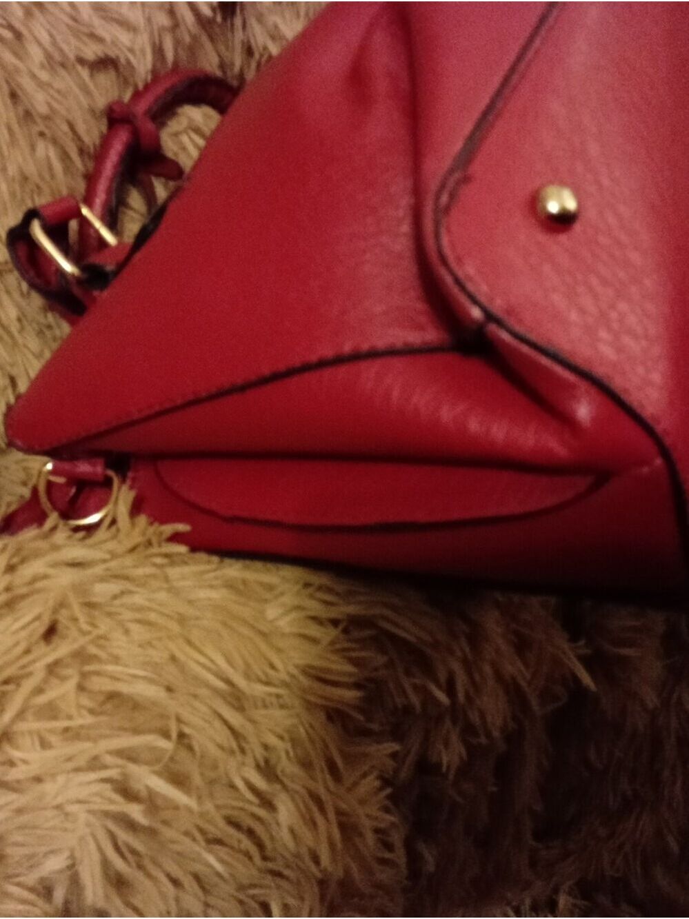 Red Structured Satchel Tote Handbag Faux Leather Top Handle Purse Gold Hardware - Picture 3 of 10